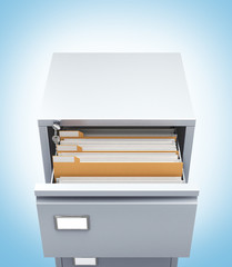 metal cabinet, open box with documents, top view. 3d illustration