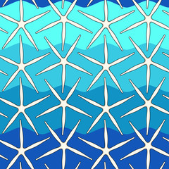 Seamless color pattern with starfish on a background of sea waves. Summer vector background.