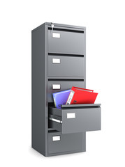 metal cabinet with an open drawer from which folders for paper are kept. 3d illustration