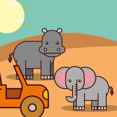 elephant and hippo jeep car safari animals cartoon vector illustration