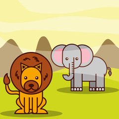 Obraz na płótnie Canvas elephant and lion safari animals cartoon vector illustration