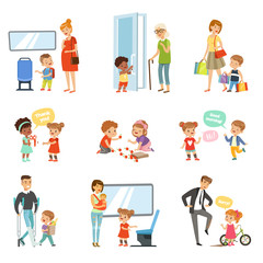 Kids good manners set, polite children helping adults, giving way to transport, thanking each other vector Illustrations on a white background