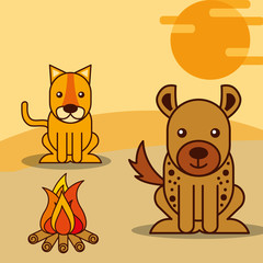 tiger and jackal near a bonfire safari animals cartoon vector illustration