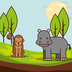 Naklejka premium monkey and hippo in jungle safari animals cartoon vector illustration