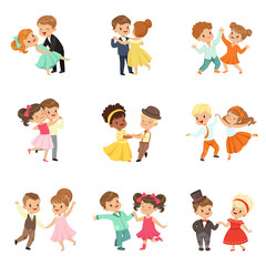 Couple of little kids dancing set, modern and classical dance performed by children vector Illustrations on a white background