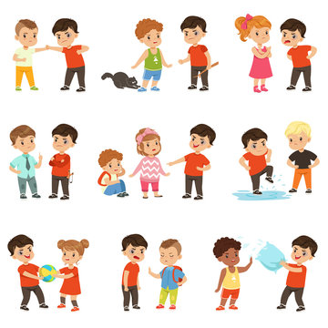 Brave children characters confronting hooligans set, bad boy bullying a smaller kid vector Illustrations on a white background