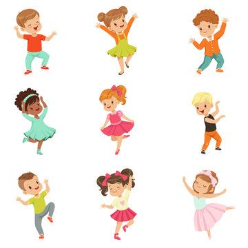 Cute little kids dancing set, modern and classical dance performed by children vector Illustrations on a white background