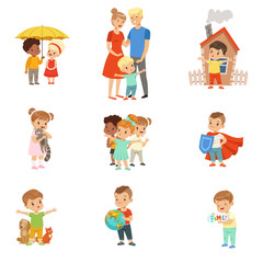 Fototapeta premium Cute little children protecting their family, friends, animals and the planet set vector Illustrations on a white background