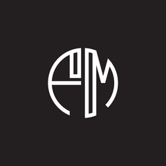 Initial letter FM, minimalist line art monogram circle shape logo, white color on black background