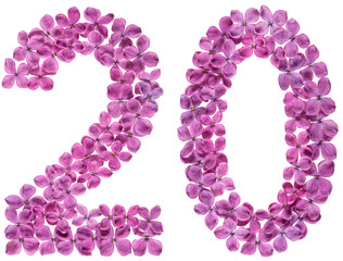 Arabic numeral 20, twenty, from flowers of lilac, isolated on white background