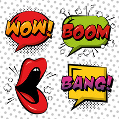 pop art comic lips speech bubble wow boom bang white dots background vector illustration © Gstudio
