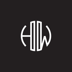 Initial letter HW, minimalist line art monogram circle shape logo, white color on black background