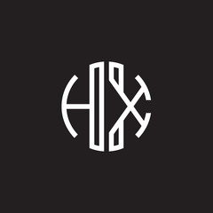 Initial letter HX, minimalist line art monogram circle shape logo, white color on black background