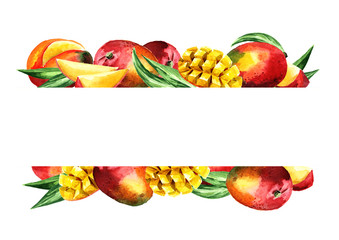 Fresh mango horizontal template. Watercolor hand drawn illustration  isolated on white background