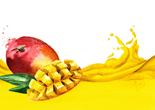 Fresh mango fruits on a wave of mango juice, watercolor hand drawn illustration