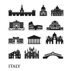 Set of Italy symbols, landmarks in black and white. Vector illustration. Rome, Venice, Milan, Italy - 203886701