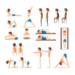 Fototapeta na wymiar Teen boy doing exercises set, correct and wrong spine posture, rehabilitation exercise for back pain and improving posture vector Illustrations on a white background