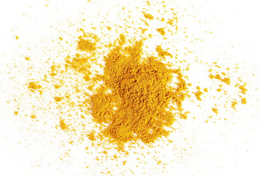 Turmeric (Curcuma), curry powder pile isolated on white background, top view