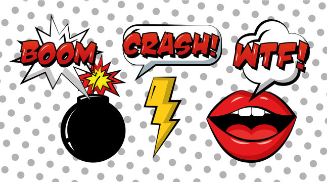 pop art comic set mouth bomb and ray vintage style vector illustration