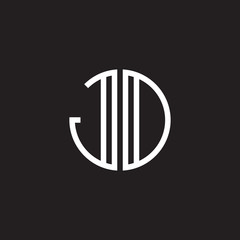 Initial letter JD, JO, minimalist line art monogram circle shape logo, white color on black background