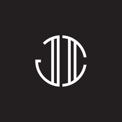 Initial letter JI, minimalist line art monogram circle shape logo, white color on black background