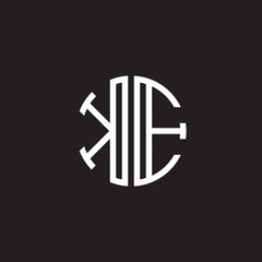 Initial letter KE, minimalist line art monogram circle shape logo, white color on black background