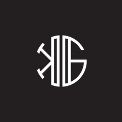 Initial letter KG, minimalist line art monogram circle shape logo, white color on black background