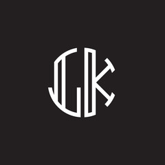 Initial letter LK, minimalist line art monogram circle shape logo, white color on black background