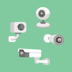 Vector set security camera. CCTV cartoon illustration. Safety and watching.