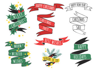 Christmas vector ribbons quote hand drawn tape badges style holiday season decoration logo illustration.