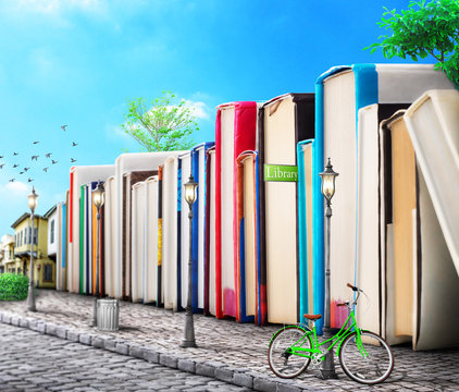 Education concept. Campus. Stack of books as buildings on a street. Books avenue. 3d illustration.