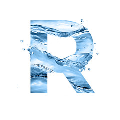 stylized font, text made of water splashes, capital letter r, isolated on white background