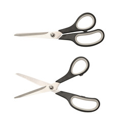 Set of scissors with dark gray plastic handles, open and closed