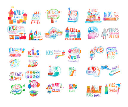 Kids club logo templates or promotional symbols set hand-drawn with watercolor