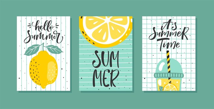 Vector set of bright summer cards. Posters with lemon, lemon slice, lemonade and hand written text.