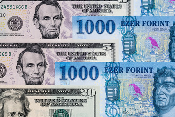 US dollar and new Hungarian forint banknotes mixed. Forint US dollar exchange rate