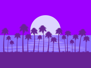 Night landscape with palm trees and moon. Glare on the water. Tropical landscape, beach vacation, romance. Vector illustration