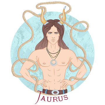 Zodiac. Vector illustration of the astrological sign of Taurus as a beautiful man with a naked torso. Round shape