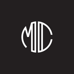 Initial letter MC, minimalist line art monogram circle shape logo, white color on black background