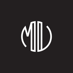 Initial letter MU, MV, minimalist line art monogram circle shape logo, white color on black background