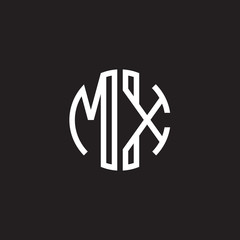 Initial letter MX, minimalist line art monogram circle shape logo, white color on black background