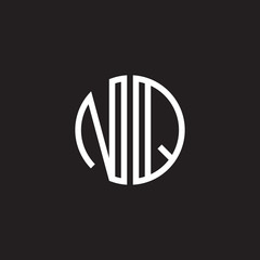 Initial letter NQ, minimalist line art monogram circle shape logo, white color on black background
