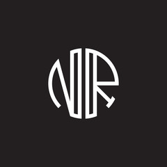 Initial letter NR, minimalist line art monogram circle shape logo, white color on black background