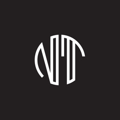 Initial letter NT, minimalist line art monogram circle shape logo, white color on black background