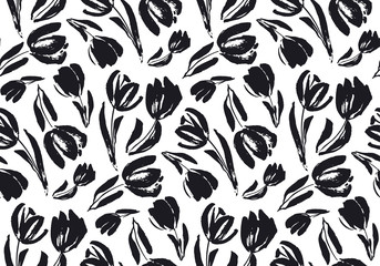 black and white sketch tulip seamless pattern