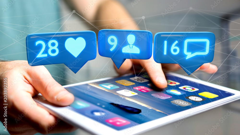 Wall mural businessman using a smartphone with a like, follower and message notification on social network - 3d