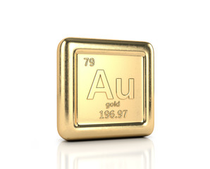 Golden Element Aurum, an element of a periodic table. Ingot of gold. 3D illustration