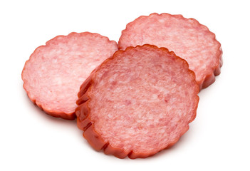 Slices of salami. Isolated on a white background.