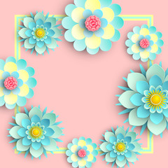 Pink square background with blue flowers.