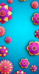 Blue background with bright flowers.